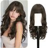 Sofeiyan Parrucca Lunga Riccia,60 cm Castano con Riflessi Parrucca Ondulata Donna con Frangia,Sintetica Resistente al Calore per le Donne con Capelli Radi Indossare Tutti i Giorni Feste