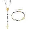 Flongo 2 Pezzi Set Bracciale e Collana con Rosario: Set di Gioielli con Ciondolo a Croce, Vergine Maria Cattolica, Oro Nero, Rosario in Acciaio Inox Regolabile, Catenina Religiosa di Protezione