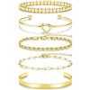 Sweetkiki 5 braccialetti dorati da donna, delicati braccialetti rigidi in acciaio inox placcato oro/argento 14 kt, impermeabili, regolabili, con perline, fermacarte, catenine intrecciate, gioielli da donna, One