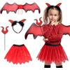 PARTY GO Costume Halloween Bambina Gonna Tulle Tema Diavolo Rosso, Comprensiva di Ali, Cerchietto Halloween e Bacchetta Magica