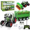 PATEMZON RC Trattore Telecomandato per Bambini, Trattore Agricolo con Aratro e Luce, Set di Trattore Radiocomandato con Rimorchio Giocattolo, Mucca, Pecora, Troncs d'Arbre e Balle, Verde