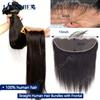 LIUNMIEN Fasci di capelli umani lisci con fasci di capelli grezzi frontali 13x4 Estensioni dei capelli umani al 100% Tessuto 3 pacchi con frontale HD 13x4/6