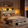 CDQL Letto matrimoniale imbottito 160 x 200 cm con 3 cassetti, letto a LED con porta USB e tipo C, testiera con vano portaoggetti, telaio con rete a doghe, letto per ragazzi, in velluto, beige