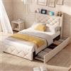 HOOGDLJ Letto singolo imbottito, 90 x 200 cm, con LED e USB, letto per bambini con 2 cassetti, testiera con rete a doghe, in velluto, senza materasso (beige-B)