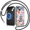 Kivlclri Estivi Magnetica Cover per iPhone 14 6,1'' con Cordino, Cellulare Aesthetic Fiori Fiocco Collage Motivo Disegno Compatibile con MagSafe Case Corda con Laccio Protezione Fotocamera Custodia