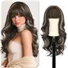 Sofeiyan Parrucca Lunga Riccia,60 cm Castano Scuro con Riflessi Bianchi Parrucca Ondulata Donna con Frangia,Sintetica Resistente al Calore per le Donne con Capelli Radi Indossare Tutti i Giorni Feste