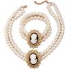 Tata Gisèle Parure collana e bracciale fantasia in perle dImitaion, con ciondolo cammeo ovale bianco su fondo nero, circondato da un motivo barocco traforato con strass zirconi brillanti, Unique, Acciaio