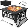 TLSUNNY 3 in 1 Braciere da Giardino, Braciere da Esterno con Griglia e Parascintille, Braciere Quadrato in Metallo, con Copertura Impermeabile e 4 pcs Gamba,per Barbecue,Campeggio e Riscaldamento,81cm