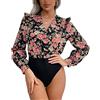 Generic Body con Stampa Floreale, Body a Maniche Lunghe con Volant e Patchwork Traspirante in un Unico Pezzo per la Vita Quotidiana (BLACK)