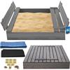 KOTARBAU® Sabbiera per Bambini con Coperchio - Legno di Pino - 100x100cm - Grigio - Sabbiera da Giardino per Bambini - con Panche Pieghevoli e Telo Antierba - Impragnato