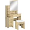 HOMCOM Postazione Trucco con Specchio Grande in Vetro Temperato, Toeletta Trucco con Sgabello Imbottito, 4 Cassetti e 4 Ripiani, Postazione Make Up per Camera da Letto, Colore Legno