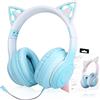 JYPS Cuffie senza fili per bambini, con luce LED e orecchio di gatto, per ragazze, auricolari Bluetooth con microfono staccabile a cancellazione del rumore e microfono integrato per gioco (viola)