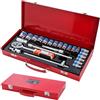KATSU Tools Set di 24 chiavi a bussola da 1/2, CR-V, 8-32 mm, chiave a cricchetto a sgancio rapido a 24 denti e barra di estensione in scatola di acciaio, set di attrezzi meccanici per fai da te