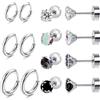 DAI JY Set di orecchini a cerchio in titanio per orecchie sensibili, con retro piatto, per donne, in acciaio inox chirurgico ipoallergenico, con zirconi, Piccolo, Metallo, Zircone