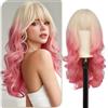 Sofeiyan Parrucca Lunga Riccia,60 cm Biondo Rosa con Sfumature Parrucca Ondulata Donna con Frangia,Sintetica Resistente al Calore per le Donne con Capelli Radi Indossare Tutti i Giorni Feste