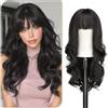 Sofeiyan Parrucca Lunga Riccia,60 cm Castano Scuro Parrucca Ondulata Donna con Frangia,Sintetica Resistente al Calore per le Donne con Capelli Radi Indossare Tutti i Giorni Feste