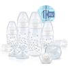 NUK Perfect Start First Choice+ Set di biberon, 0-6 mesi, 4 biberon con controllo della temperatura, ciuccio, scovolino e altro, senza BPA, 10 pezzi, bianco/trasparente