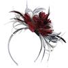 Caprilite Cerchietto decorativo per capelli con piume, nastri e perline di colore grigio argento e bordeaux, per matrimoni o corse di Ascot