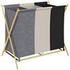 HOMCOM Cesto Portabiancheria Pieghevole a 3 Scomparti da 129L Totali, Cesto per il Bucato in Bambù e Tessuto Effetto Lino, 75x48x67 cm, Multicolore