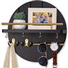 Nekon portachiavi a parete, 30 cm, scaffale con ripiano e 6 ganci, organizer da parete rustico, appendiabiti rotondo in legno per ingresso, corridoio, cucina (Nero e Oro)