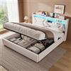 ZUUYEE Letto Matrimoniale 160x200 con Contenitore, Letti Matrimoniali con LED, USB e Type-C, Letto Contenitore Idraulico, Letti Matrimoniali con Doghe, Lino, Beige, Senza Materasso