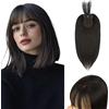 S-noilite Topper Capelli per Donne, 27g Capelli Umani Aria Frangetta, Nero Naturale Frangia Fermaglio per Capello per Diradati, 25CM Capello Toppers con Base Intrecciata a Mano, #1B