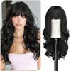 Sofeiyan Parrucca Lunga Riccia,60 cm Nero Naturale Parrucca Ondulata Donna con Frangia,Sintetica Resistente al Calore per le Donne con Capelli Radi Indossare Tutti i Giorni Feste