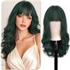 Sofeiyan Parrucca Lunga Riccia,60 cm Verde Smeraldo Scuro Parrucca Ondulata Donna con Frangia,Sintetica Resistente al Calore per le Donne con Capelli Radi Indossare Tutti i Giorni Feste