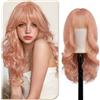Sofeiyan Parrucca Lunga Riccia,60 cm Rosa Antico Parrucca Ondulata Donna con Frangia,Sintetica Resistente al Calore per le Donne con Capelli Radi Indossare Tutti i Giorni Feste