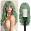 Sofeiyan Parrucca Lunga Riccia,60 cm Verde Menta Parrucca Ondulata Donna con Frangia,Sintetica Resistente al Calore per le Donne con Capelli Radi Indossare Tutti i Giorni Feste