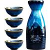 BORDEAG Set di 5 sake da 310 ml, in ceramica giapponese, vetro borosilicato di alta qualità con tazza e vaso di vino, elegante porcellana blu