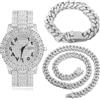 HALUKAKAH Uomo Orologio Moissanite - ROYALE - con Catene Cuban Link 20+45cm | Diamanti Iced Out, Numeri Romani Cinturino in Quarzo Placcato in Platino Oro Bianco Lungo 21,5cm, con Pacco Regalo