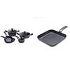 Moneta Etnea Batteria Professional Set da 8 Pezzi, 2 Padelle da 20 e 26 cm, Pentolino 1 Manico 16 cm, Pentola Grande 24 cm 2 Manici & Etnea Bistecchiera, Alluminio, Nero, 28 x 28 cm