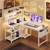 YOUDENOVA Scrivania Gaming a Forma di L, Tavolo Gaming con LED, Presa e USB, Scrivania ad Angolo Reversibile con Ripiano, 120x80cm Tavolo Computer con Portaoggetti per Home Office e Gamer, Bianco