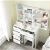 Buildonely Toeletta Trucco con Luci LED, 3 Colori e Luminosità Regolabile, Tavolo da Trucco con Specchio, 6 Cassetti, 4 Ripiani, Toilette da Trucco con Sgabello, 80x36x131cm, Bianco