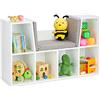 Relaxdays Libreria Portagiochi Bambini, 63x103x30 cm, Panca con Cuscini, Scaffale 6 Contenitori da Cameretta, bianca