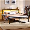 Yaheetech Letto 160 × 200 cm in Metallo, Letto Matrimoniale con Illuminazione a LED e Stazione di Ricarica, Struttura Letto con Testiera in Legno e Rack Laterale, Facile da montare