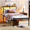 Yaheetech Letto 90 × 200 cm in Metallo, Letto Singolo con Illuminazione a LED e Stazione di Ricarica, Struttura Letto con Testiera in Legno e Rack Laterale, Facile da montare