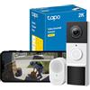 Tapo Videocamera per campanello senza fili, 2K 3 MP a batteria, video campanello a 160°, visione notturna a colori, rilevamento AI, IP65 resistente alle intemperie, compatibile con Alexa e Google