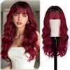 Sofeiyan Parrucca Lunga Riccia,60 cm Nero Bordeaux con Sfumature Parrucca Ondulata Donna con Frangia,Sintetica Resistente al Calore per le Donne con Capelli Radi Indossare Tutti i Giorni Feste