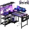 YOUDENOVA Scrivania Gaming a L, Tavolo Gaming con LED, Presa, scrivania angolare Reversibile con Ripiano e Portaoggetti, 120x80cm Tavolo Computer per Home Office e Gamer, Nero in Fibra di Carbonio