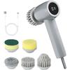 JTF Spazzola Elettrica Rotante per Pulizia 5 in 1 per Cucina Piatti Piastrelle Bagno,Spazzola Rotante Pulizia Casa con 5 Spazzole,2 Velocità,Schermo a LED (Grigio)