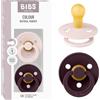 BIBS Colour Ciuccio, 0-6 mesi, confezione da 2, Petal/Plum | Tettarella rotonda | Lattice di gomma naturale | Taglia 1 | Senza BPA | Prodotto in Danimarca | Scudo anti-irritazione