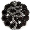 Avalaya Anello a forma di serpente in cristallo con fiore nero, tono argento, misura regolabile 7/8, diametro 35 mm