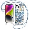 Kilbnom Fiori Cover con Cordino per iPhone 15, Aesthetic Frammenti Disegni Motivo, Morbido Silicone Custodia Protettiva Antiurto Case con Tracolla Corda Laccetto per iPhone15 6,1, Blu