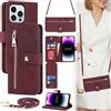 ELTEKER Cover compatibile con iPhone 14 Pro Max con Cordino Tracolla, Custodia a Libro in Pelle con Porta Carte Portafoglio [Cinghia regolabile] [9 Slot per schede] - rosso vino