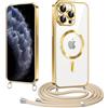 Micnkifo Elettrolitico TPU Magnetica Cover con Cordino per iPhone 11 Pro, Compatibile con Magsafe Ricarica Wireless, Antiurto AntiGraffio con Collana Regolabile per iPhone 11 Pro, Oro