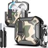 R-fun Custodia per AirPods 4 con kit di pulizia, elementi in fibra di carbonio, copertura pop-up automatica a prova di caduta, supporto per telefono e base magnetica con gancio a moschettone