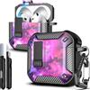 R-fun per AirPods 4 Custodia con Kit di Pulizia, Elementi in Fibra di Carbonio Militare Anti-caduta con Apertura Automatica, Supporto per Telefono e Base Magnetica con Moschettone Compatibile con