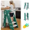 Growaystory Torre Montessoriana Pieghevole per Bambini, Sgabello a gradini regolabile in altezza per bambini (2-3 livelli), Learning Tower con Barra di Sicurezza, per Bancone Cucina Lavandino Bagno (Verde)